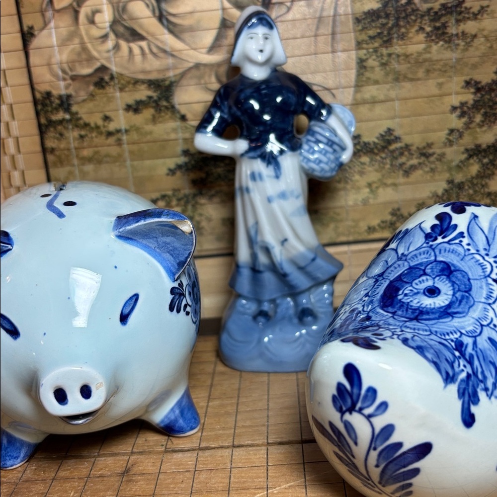 Delft Blue Vintage Blue and White Ceramic Piggy Bank, Shoe w Japan Maiden Figure
